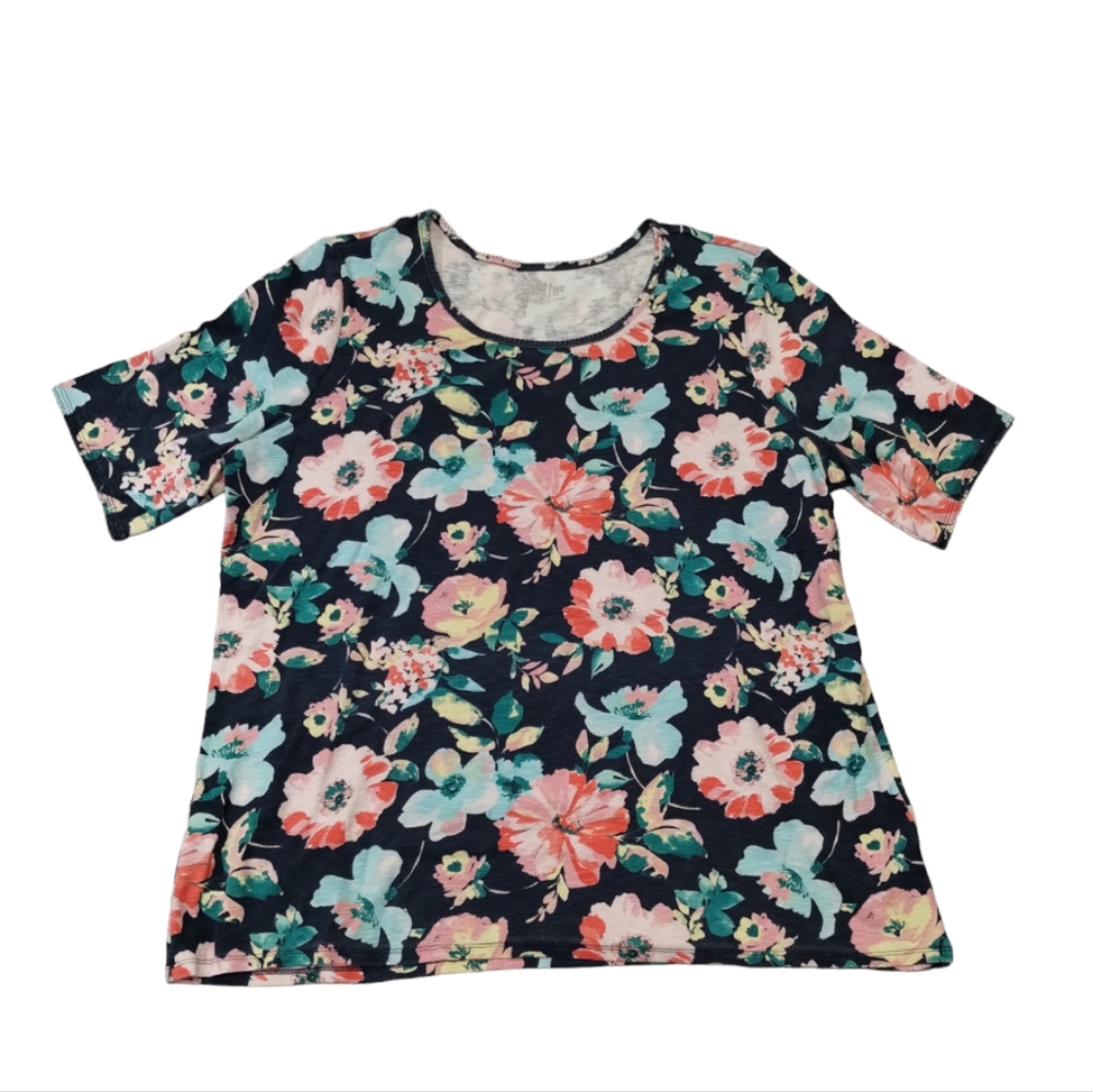 Time & Tru XXXL Tee Shirt NAVY Multi Color Floral Scoop Neck Soft Stretchy